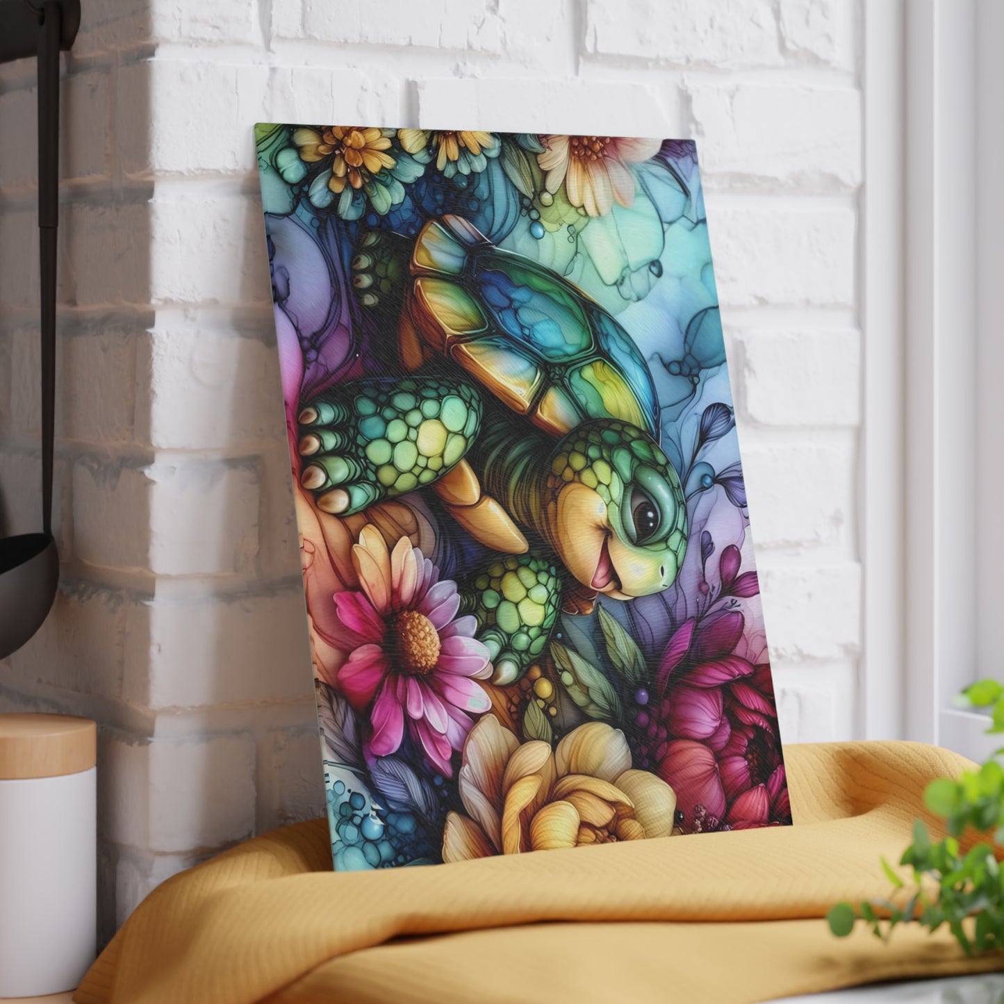 Tortoise in Bloom Glass Cutting Board – Floral Wildlife Kitchen Art
