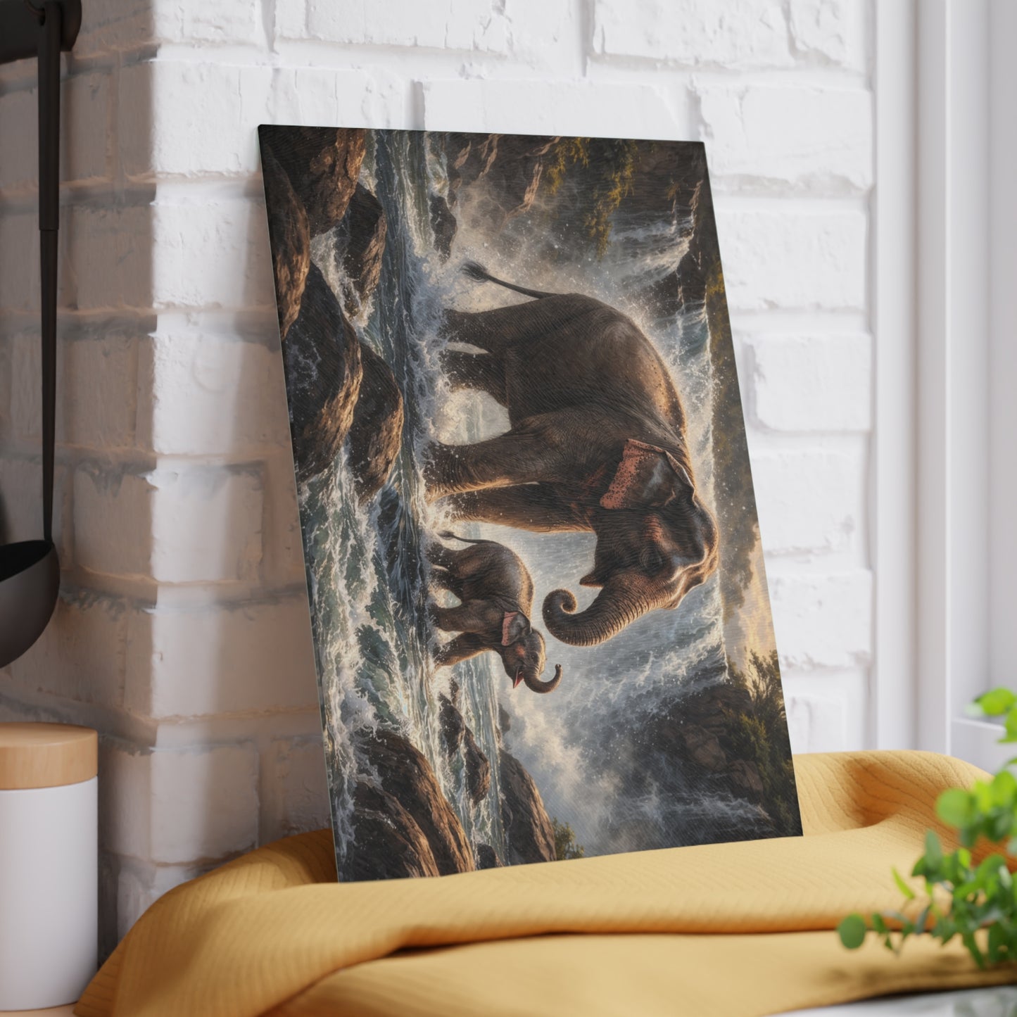 Elephant Waterfall Wildlife Glass Cutting Board – Majestic Nature Scene Kitchen Art
