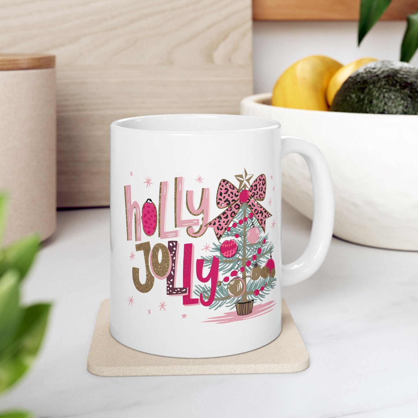 🎀🌟 Holly Jolly Christmas Mug – Glam Tree, Leopard Bow, and Holiday Sass 🎄💖