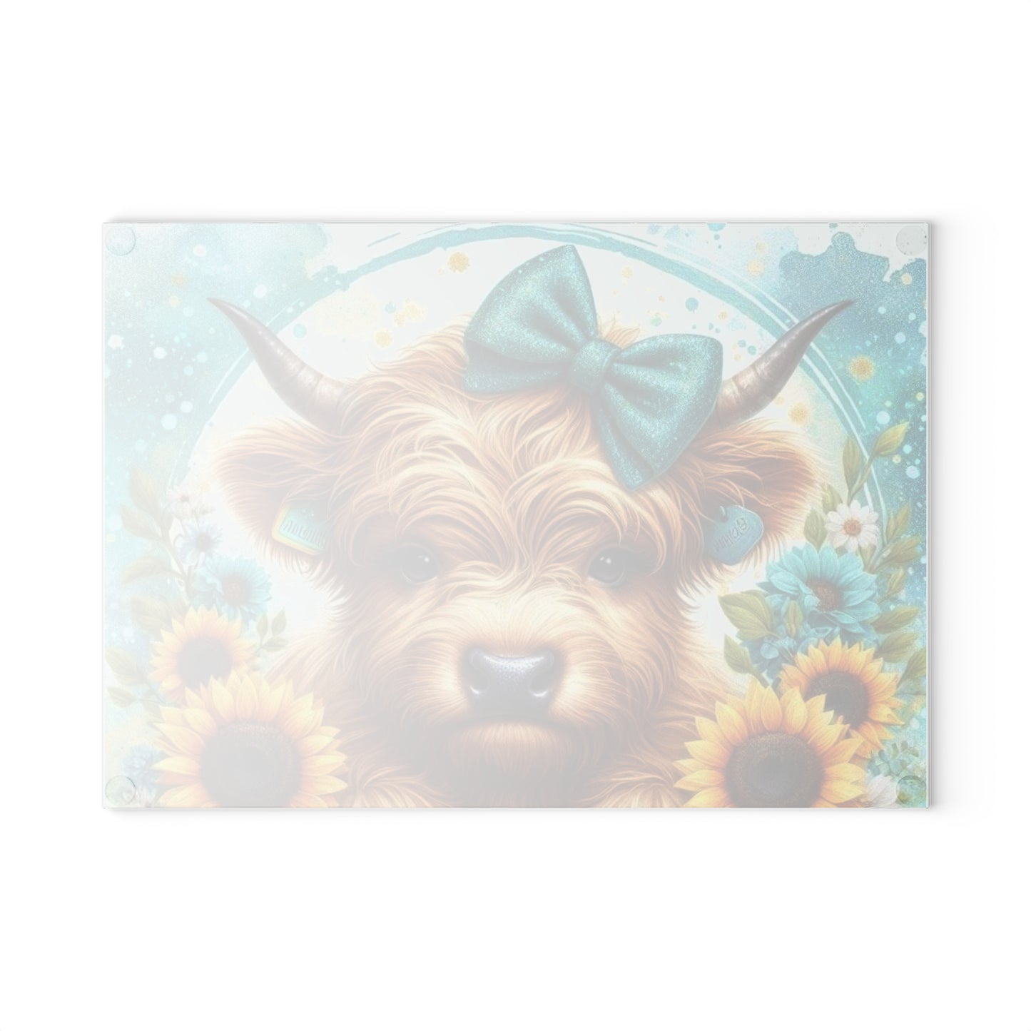 Tabla de cortar de vidrio con diseño de vaca de las Tierras Altas, lazo y girasoles