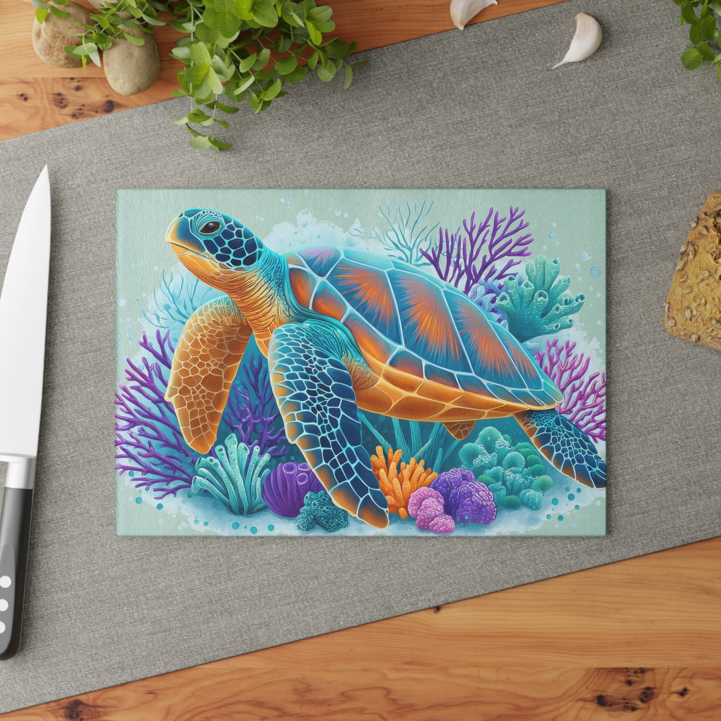 Tabla de cortar con diseño de tortuga de arrecife vibrante: sumérgete en el color del océano