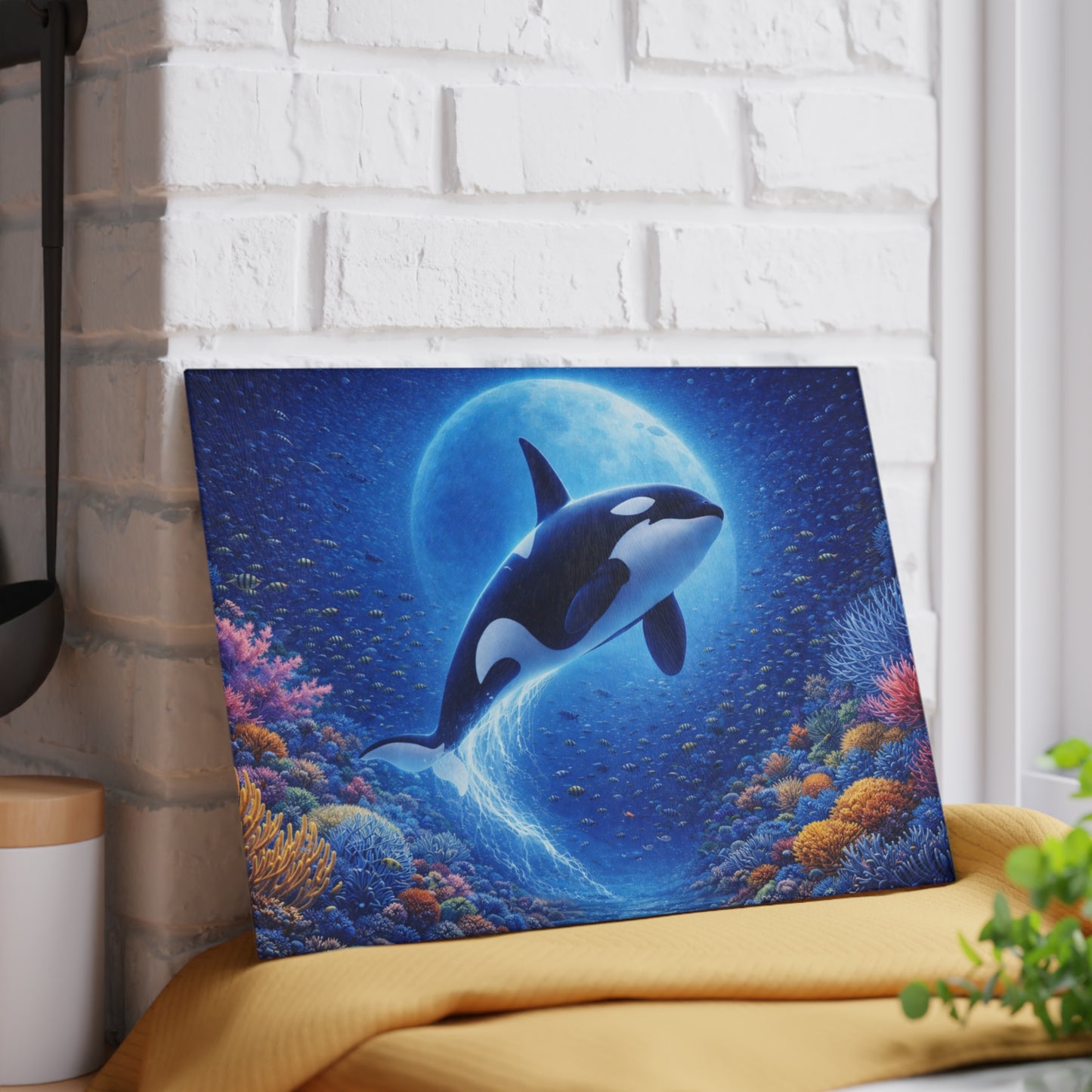 Moonlit Orca Glass Cutting Board – Majestic Ocean Night Artwork