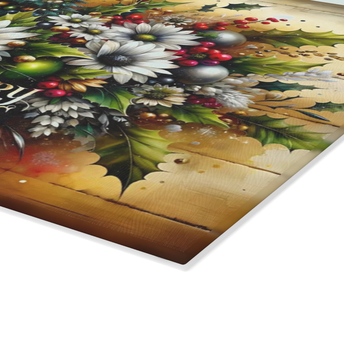 🎄✨ “Merry Christmas Florals” Glass Cutting Board – Festive Farmhouse Glow for Your Kitchen
