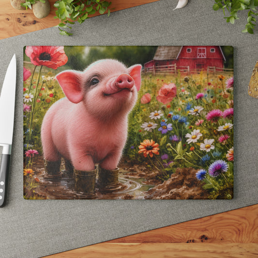 Farm Piglet Glass Cutting Board – Country Charm for Your Kitchen