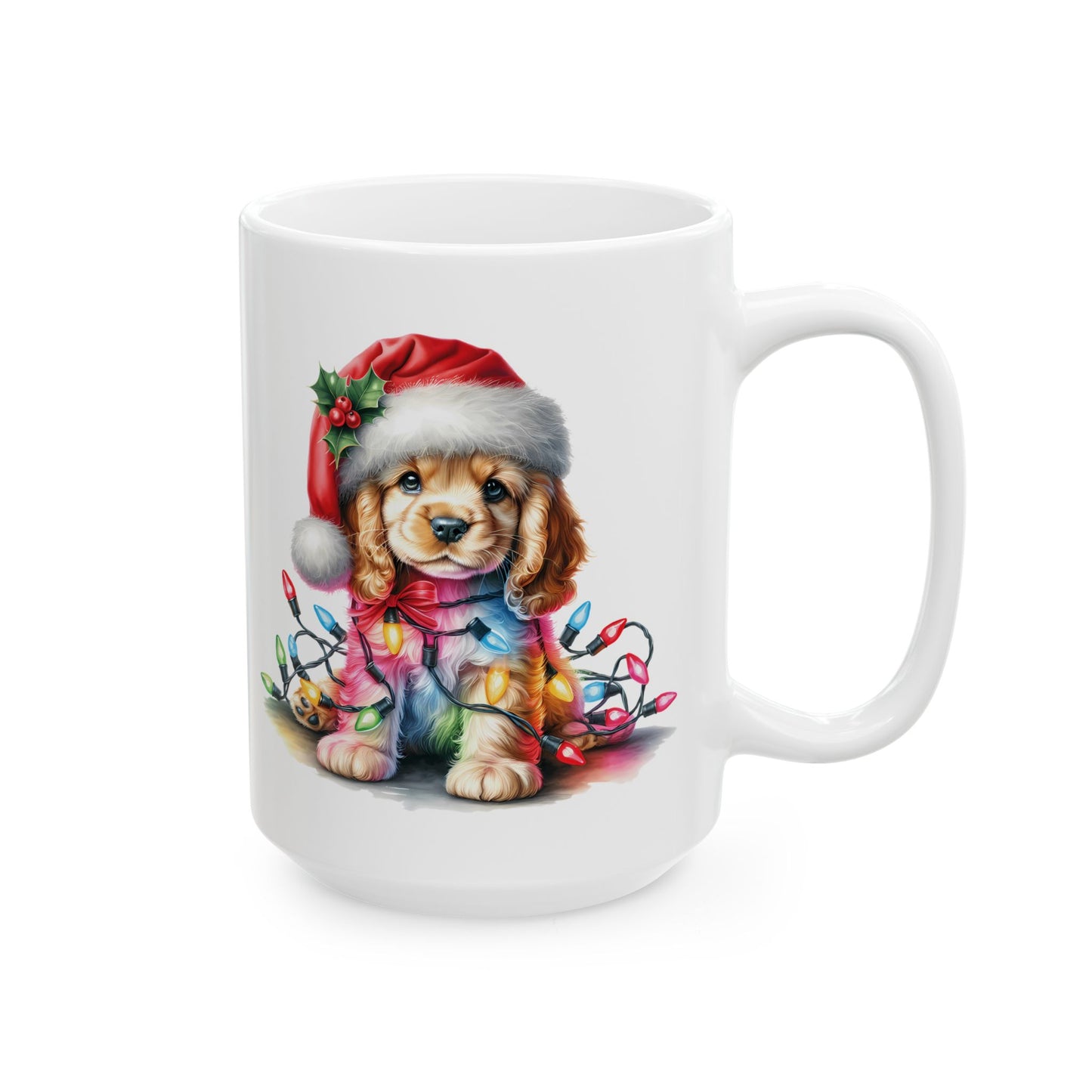 🎁 Cocker Spaniel Christmas Lights Mug – Sweet Holiday Cheer with a Bow 🎄🐶