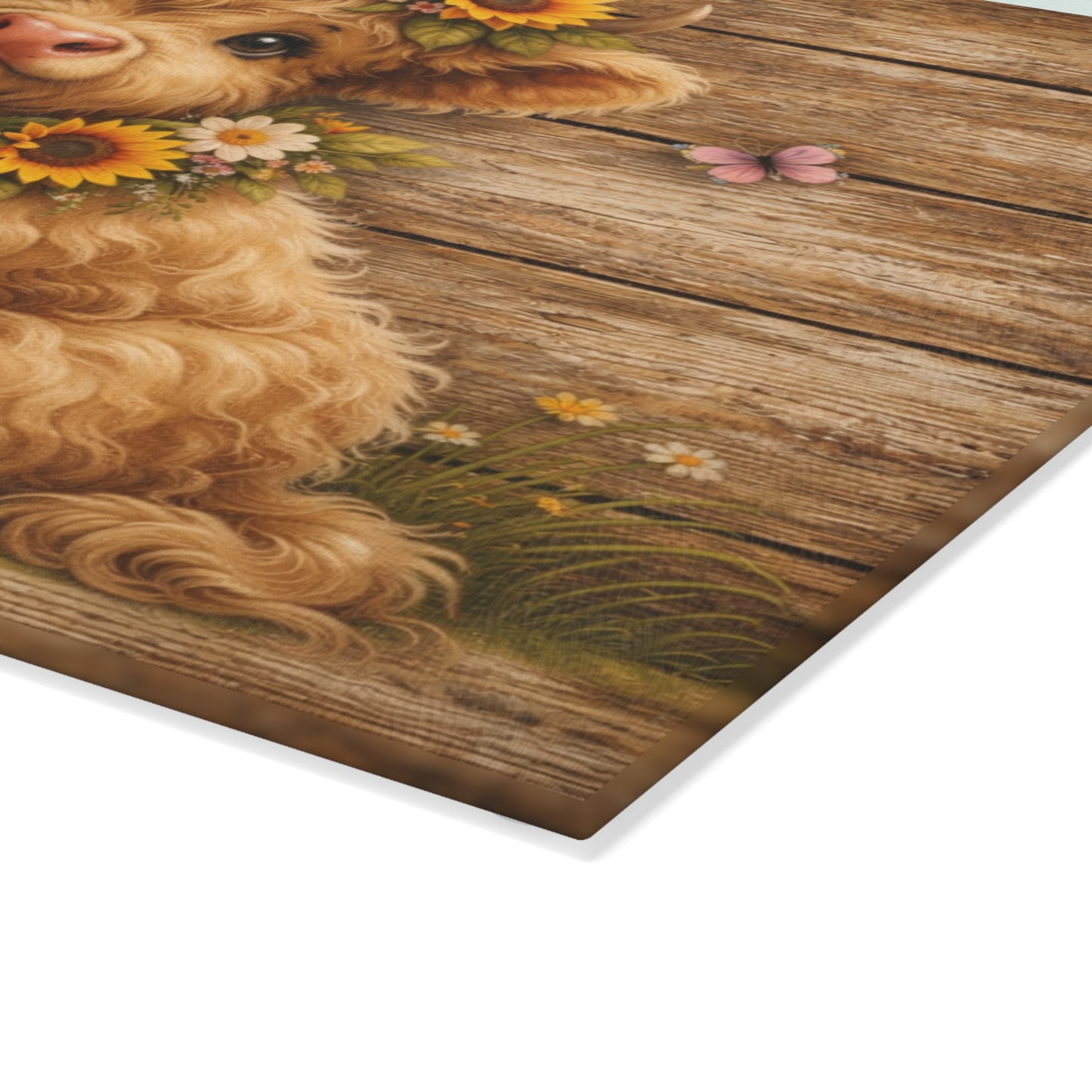 Floral Highland Calf Glass Cutting Board – Rustic Farmhouse Wood Background