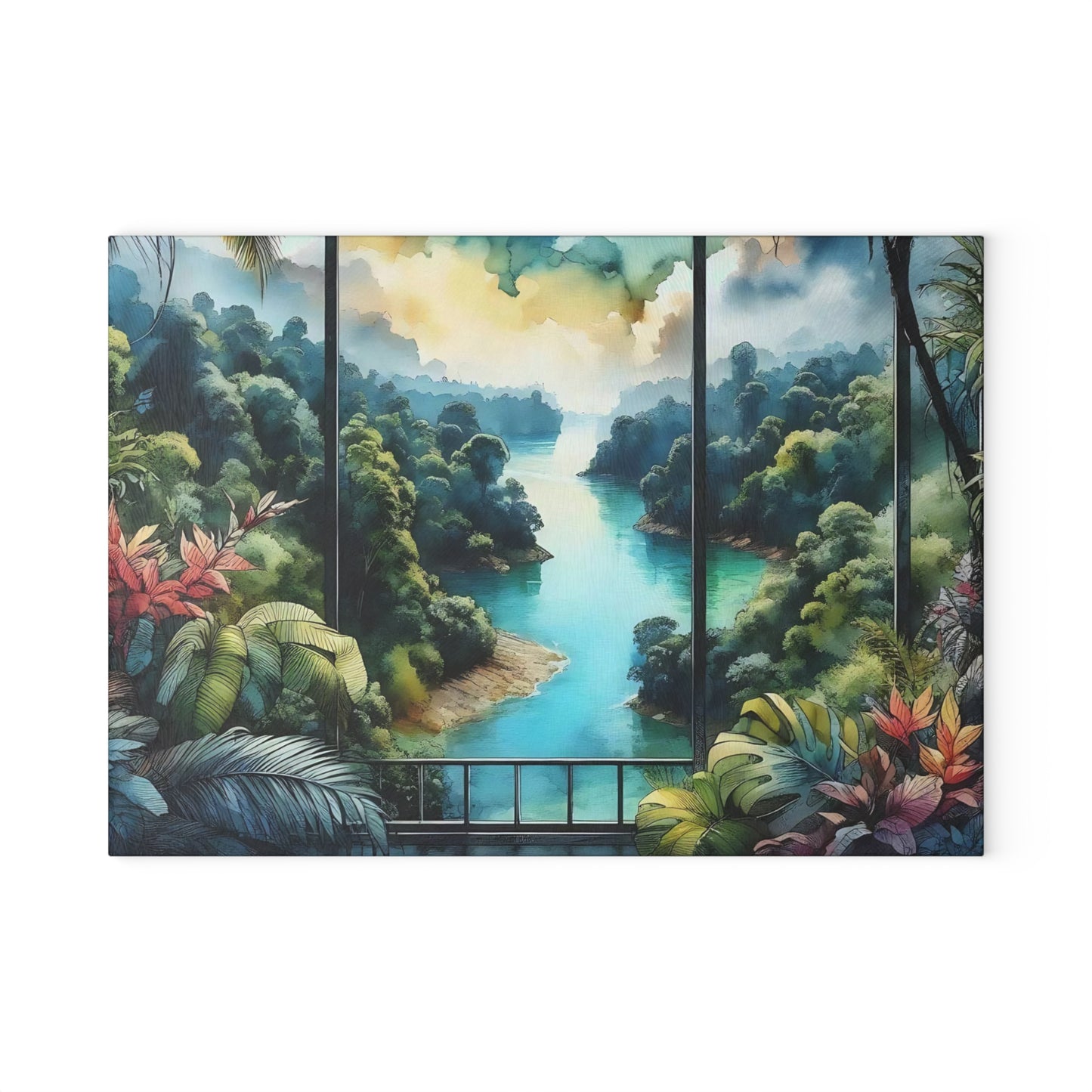 Tabla de cortar de vidrio templado con vista tropical: Escápate al paraíso