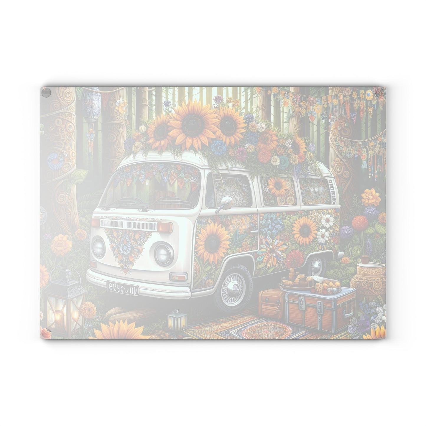 🌻 Boho Sunflower Van Cutting Board – Retro Vibes for Your Kitchen 🌼