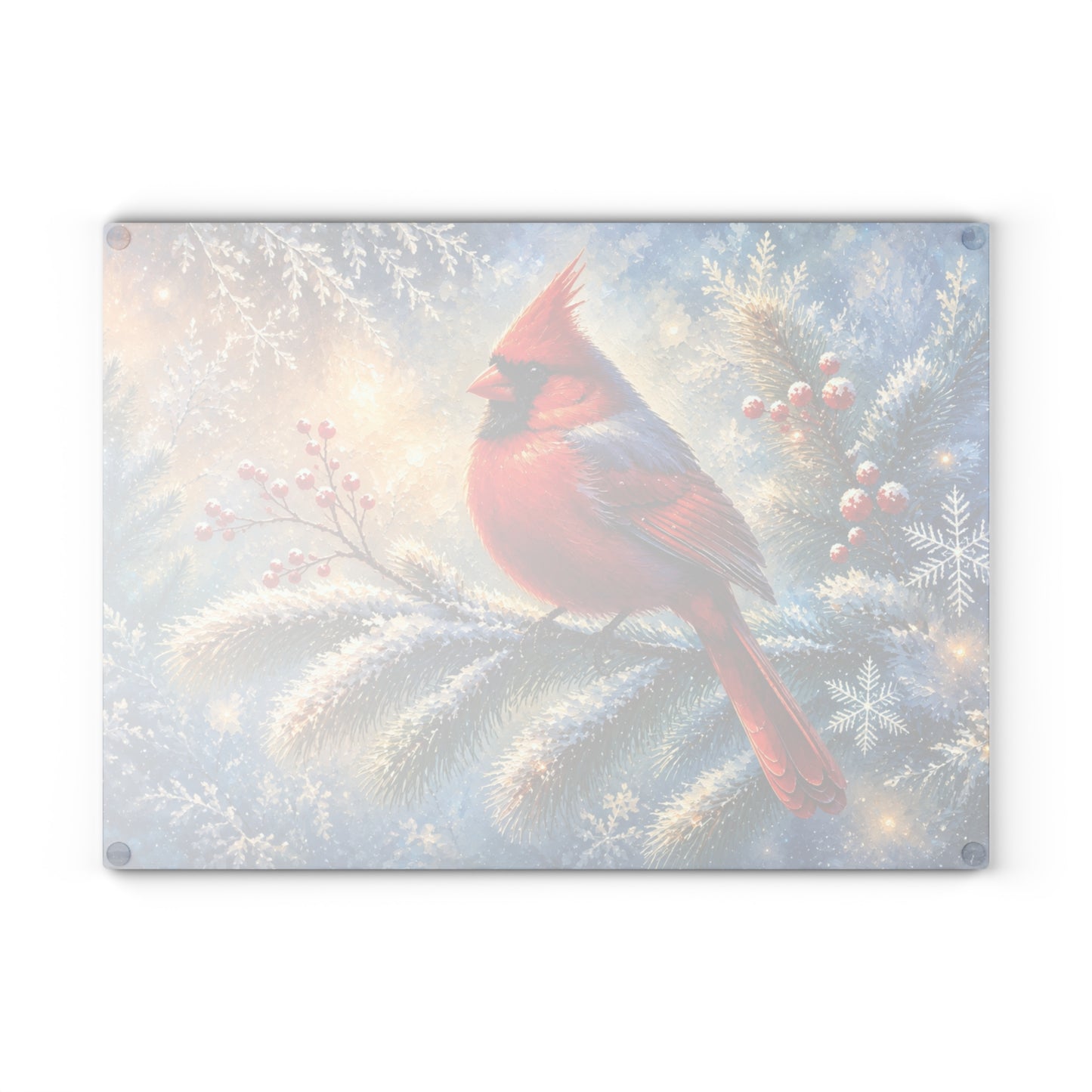 Winter Cardinal Glass Cutting Board – Snowy Red Bird & Evergreen Kitchen Decor