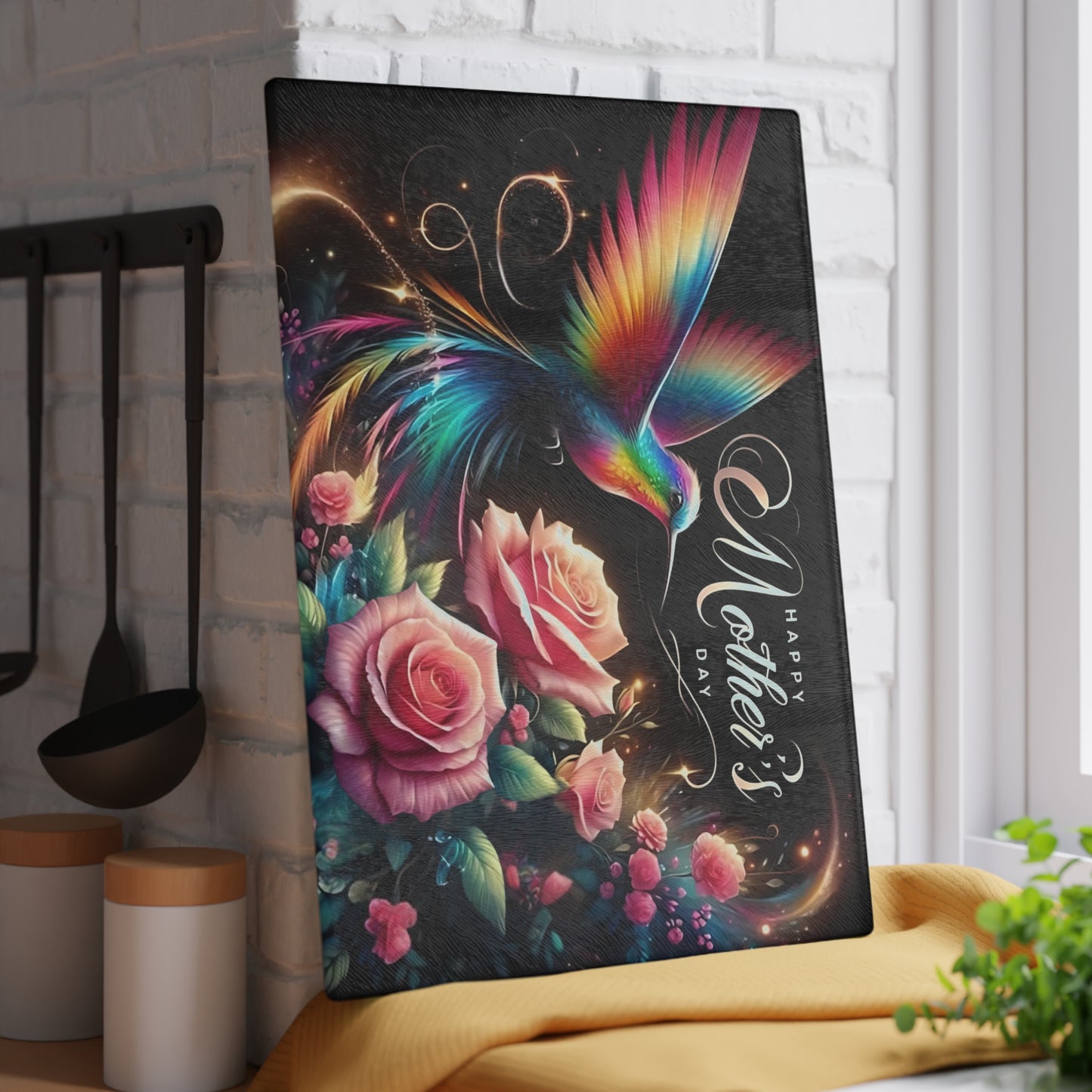 Hummingbird & Roses Tempered Glass Cutting Board – Floral Kitchen Decor, Spring Gift, Mother’s Day Present