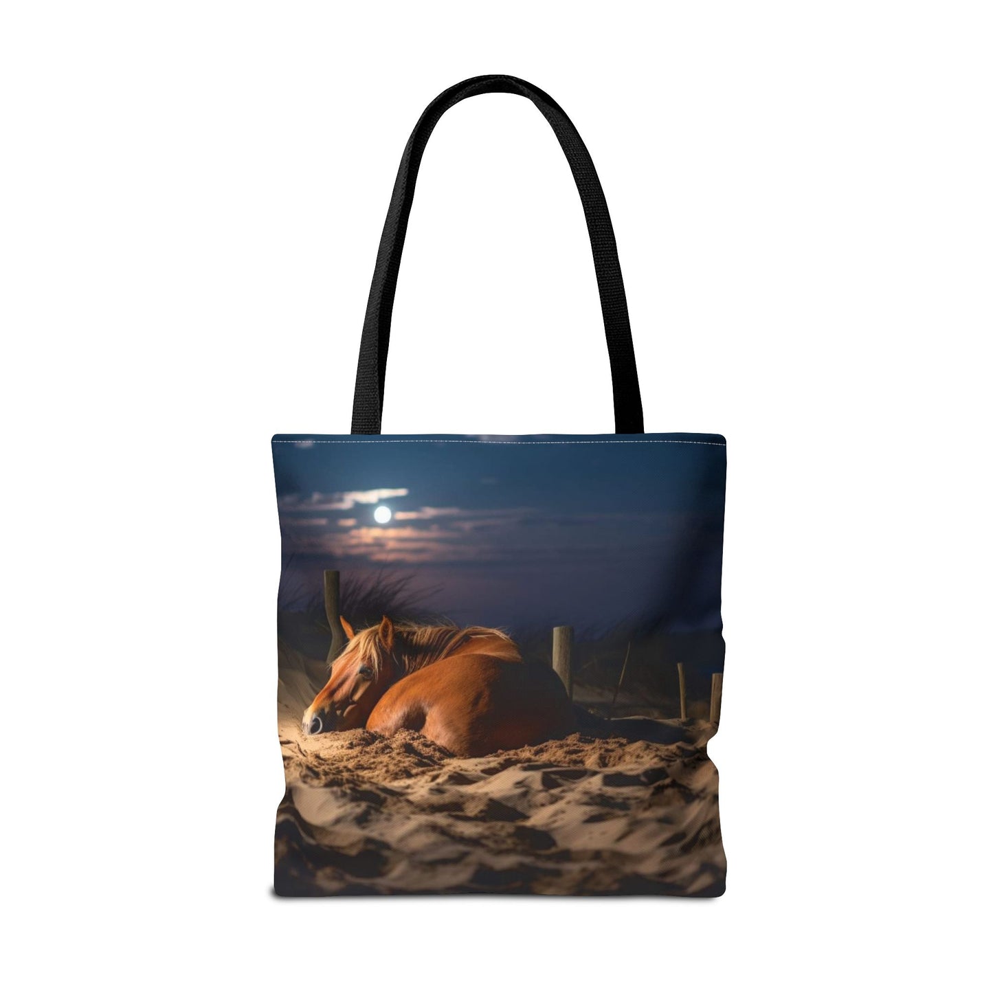 Bolsa de tela "Caballo durmiendo en la playa bajo la luz de la luna": una escapada serena a cada paso