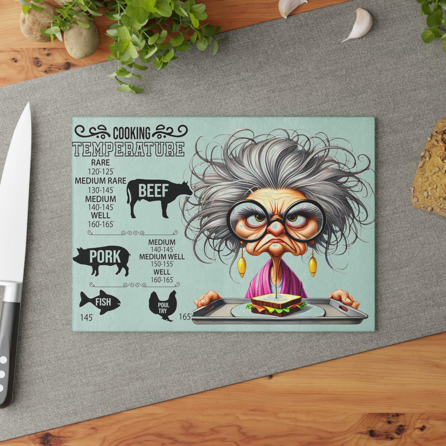 Guía de temperatura de cocina de la abuela gruñona Tabla de cortar: un artículo esencial de cocina divertido