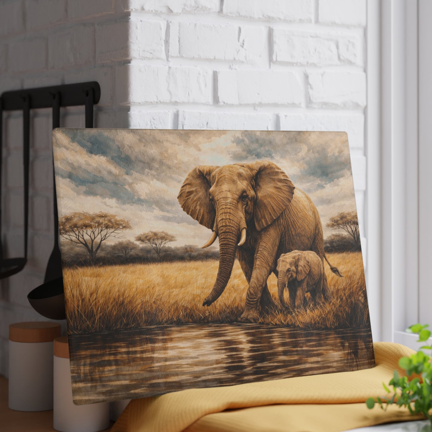 Safari Elephant and Calf Glass Cutting Board – African Wildlife Savanna Artwork
