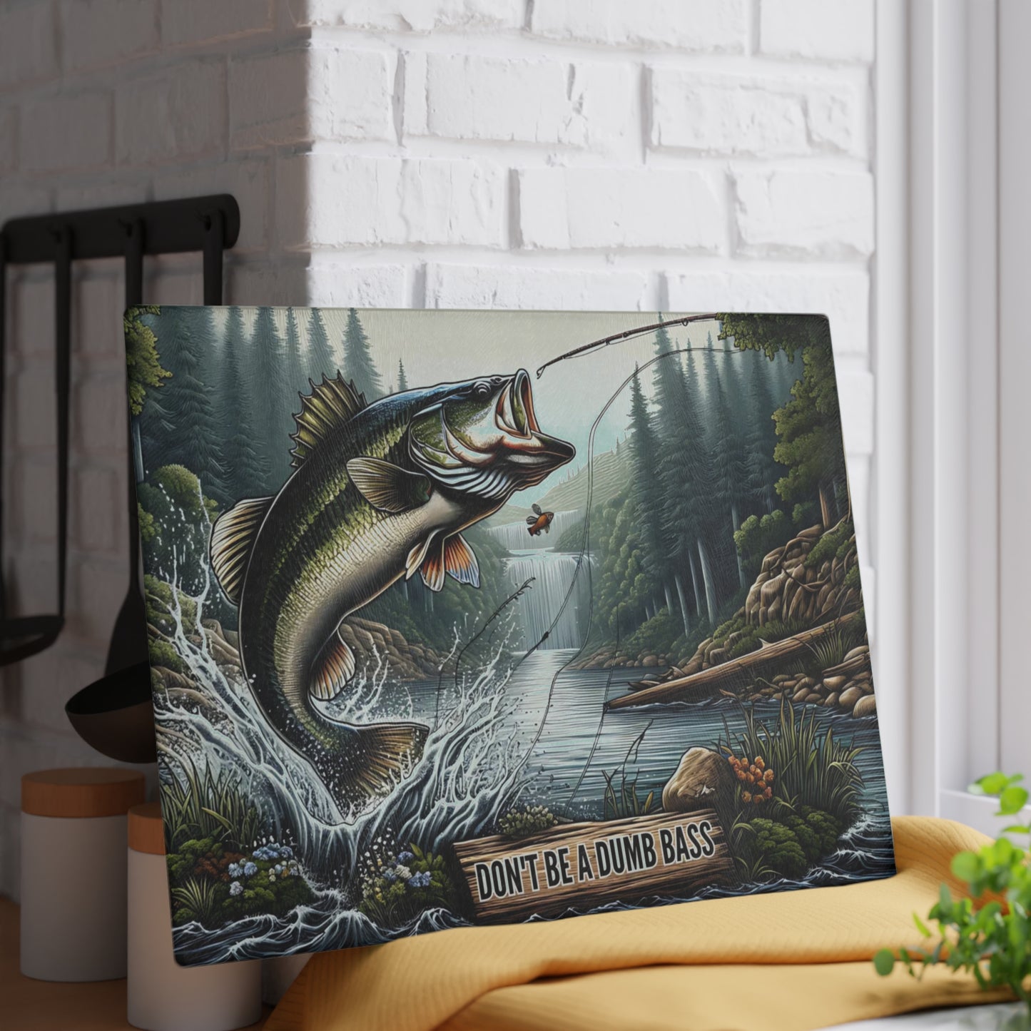 🎣🐟 Don’t Be a Dumb Bass Cutting Board – Funny Fishing Gift & Rustic Cabin Kitchen Décor 🇺🇸🌲
