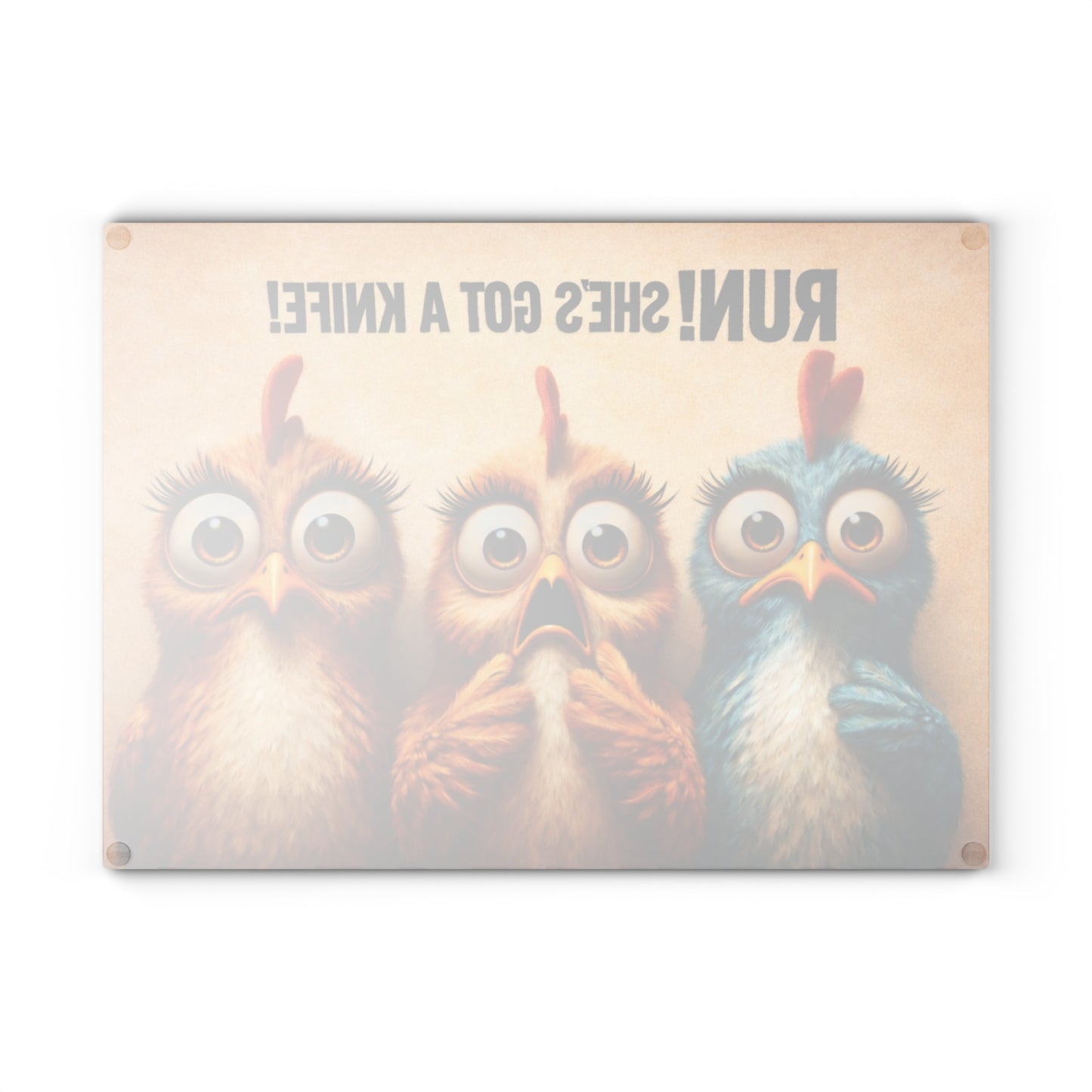 RUN! She’s Got a Knife Glass Cutting Board – Wide-Eyed Chicken Panic Farmhouse Artwork