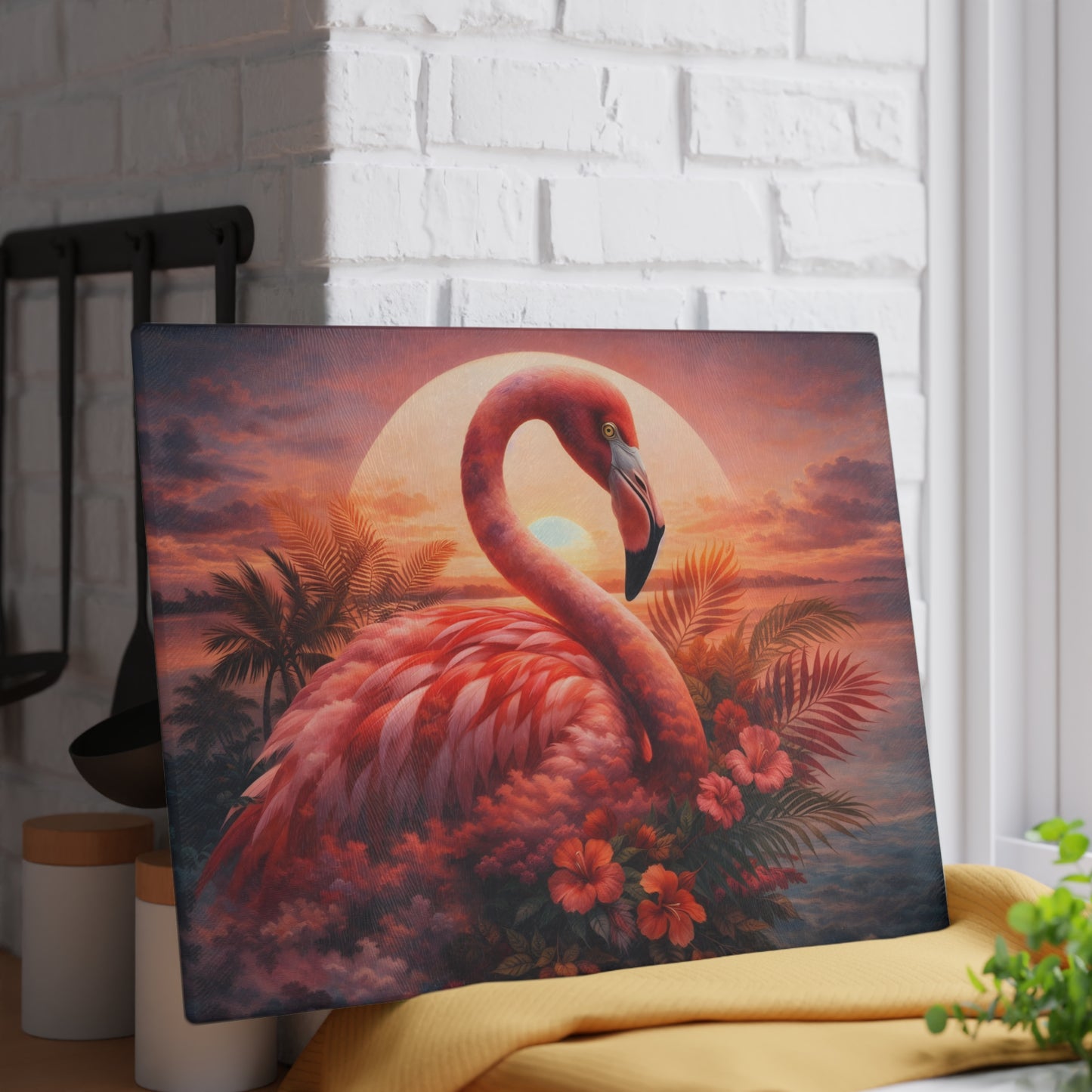 Flamingo Sunset Glass Cutting Board – Tropical Coastal Art Kitchen Display
