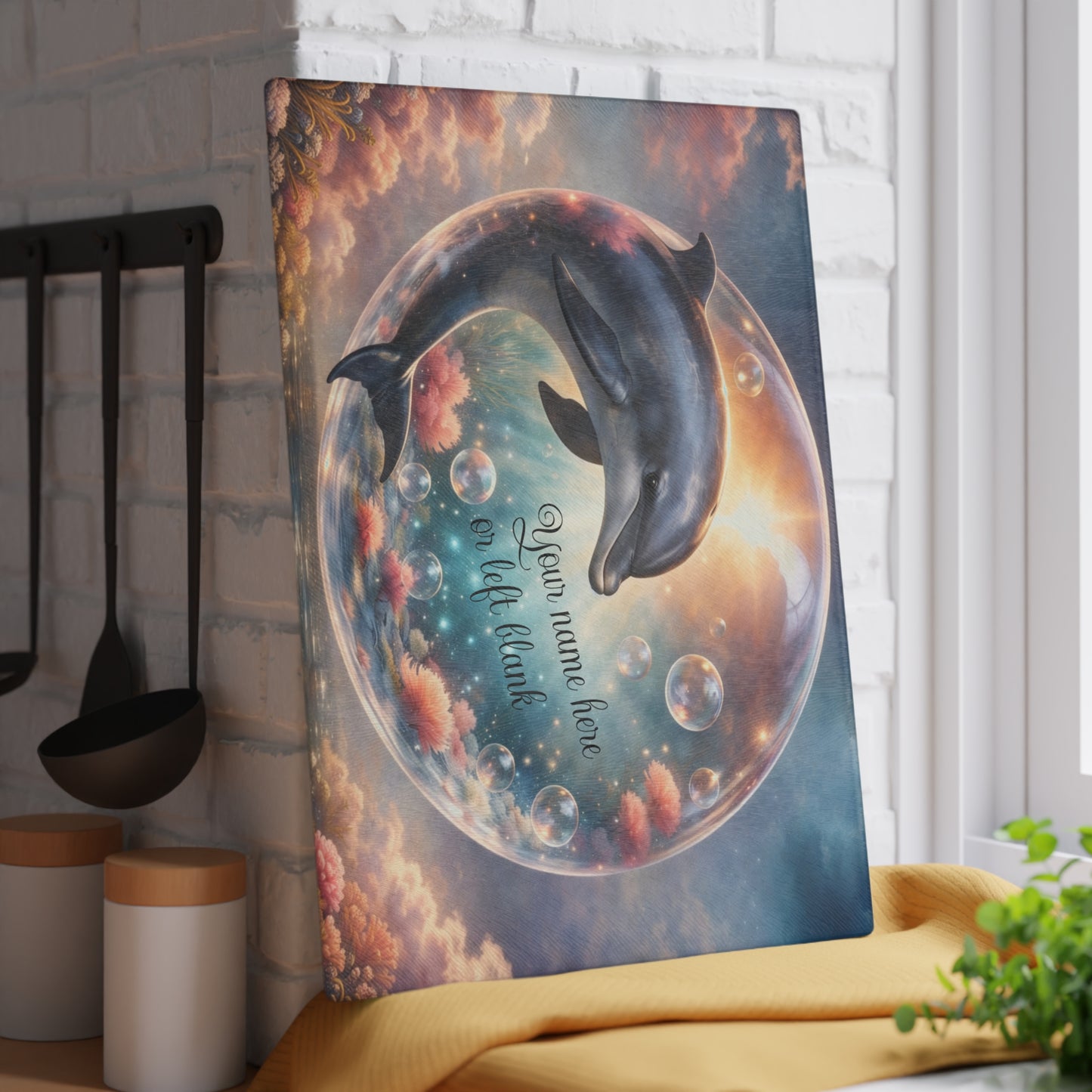 Dolphin Ocean Dream Glass Cutting Board – Personalized Coastal Kitchen Decor with Bubbles and Coral Reef Design