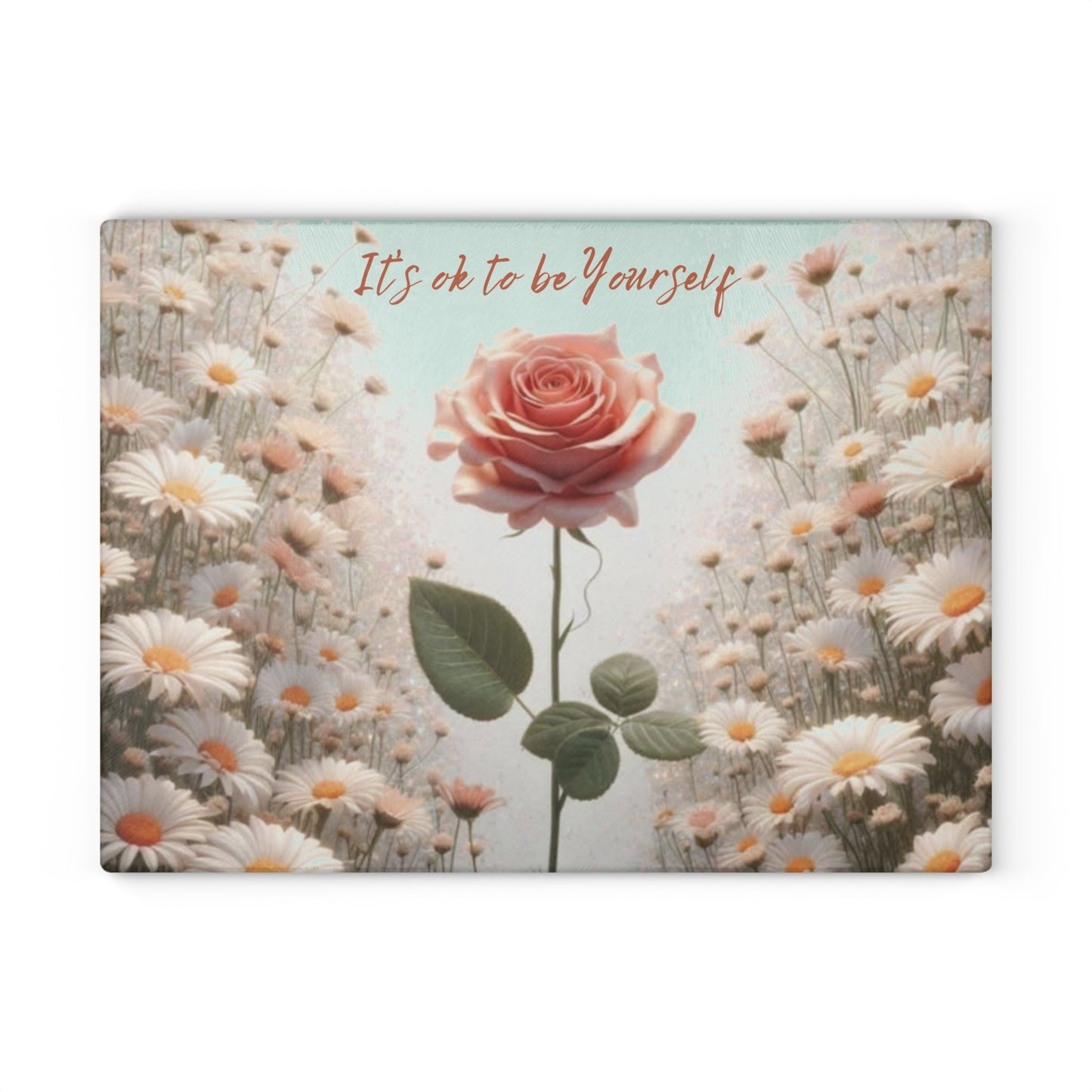 Tabla de cortar de vidrio "Está bien ser tú mismo" - Rosa rosa única en un campo de margaritas, regalo único, tabla de cortar de vidrio, tabla de charcutería, tabla de cortar personalizada, flores
