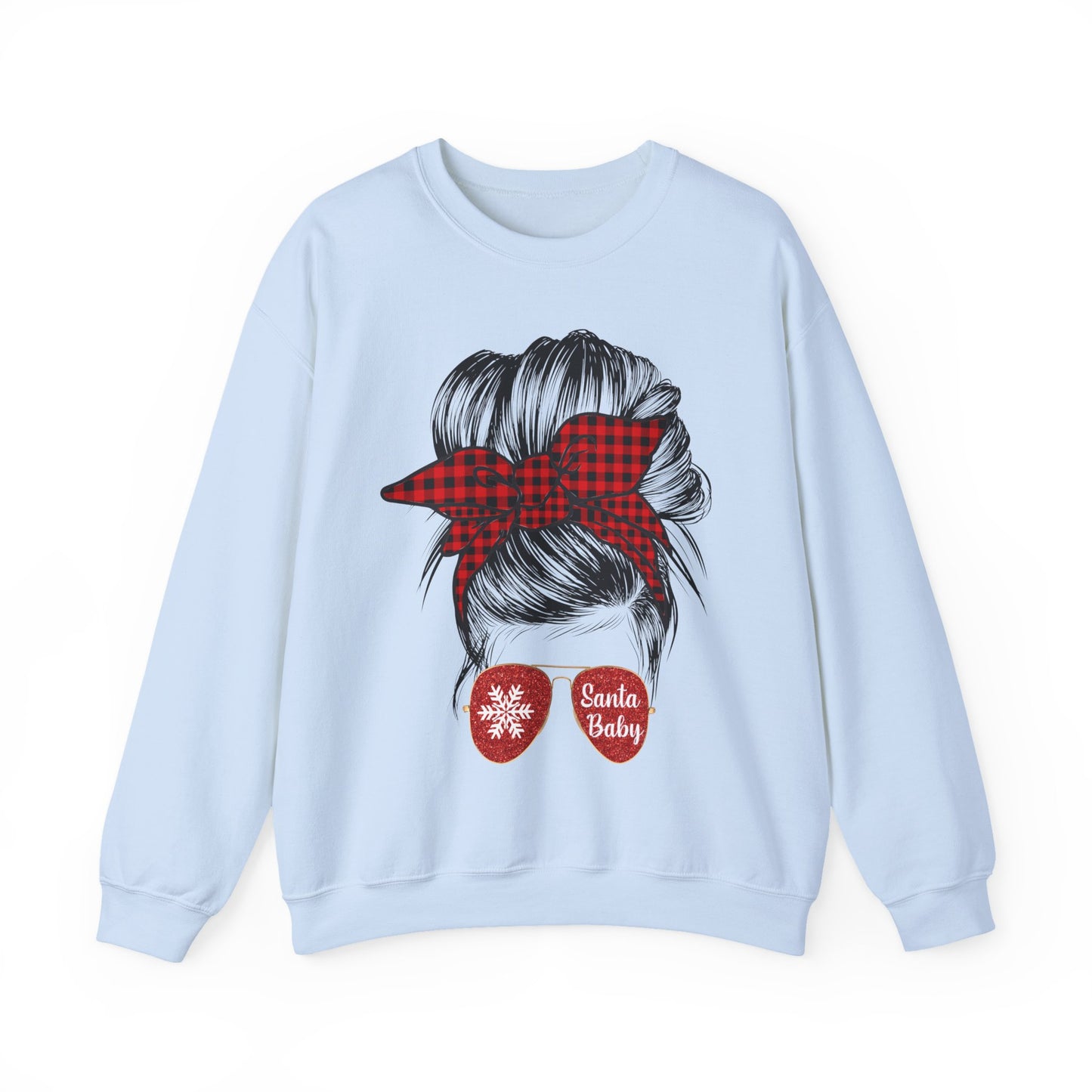 🎅✨ Santa Baby Buffalo Plaid Hair Bun Sweatshirt – Festive Holiday Vibes ❤️🖤