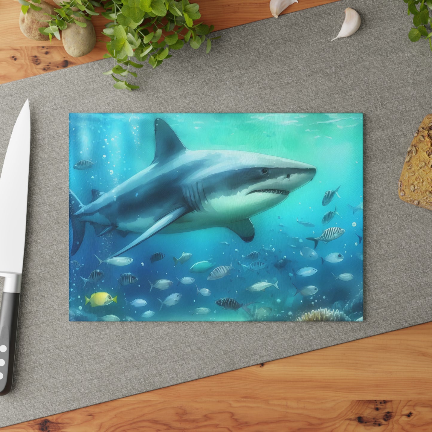 Shark kitchen decor, ocean theme cutting board, shark gift idea, shark lover gift, shark-themed gift, unique cutting board