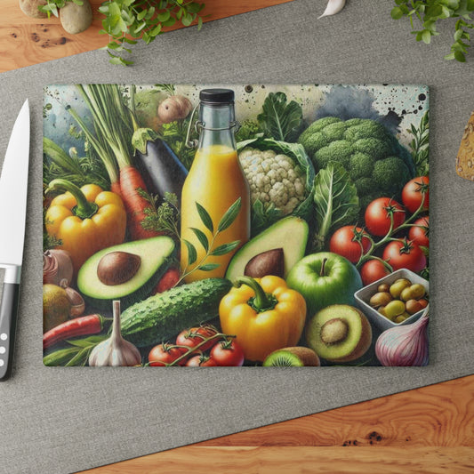 Tabla de cortar de vidrio templado para verduras con una vibrante variedad de verduras frescas
