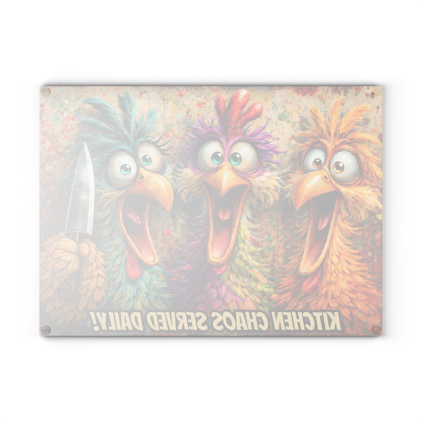 Kitchen Chaos Served Daily Glass Cutting Board – Colorful Chicken Kitchen Humor