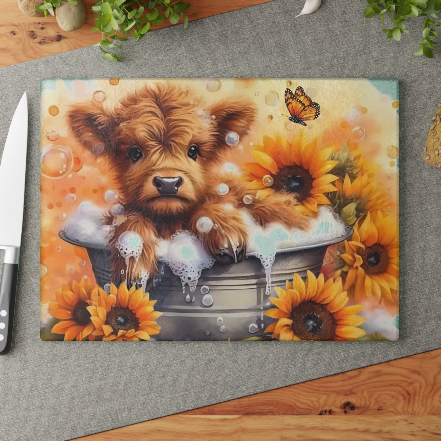 🐮🌻 Highland Calf Bubble Bath Cutting Board – Farmhouse Fun with a Sunny Twist