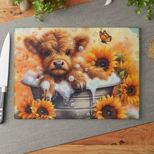 🐮🌻 Highland Calf Bubble Bath Cutting Board – Farmhouse Fun with a Sunny Twist