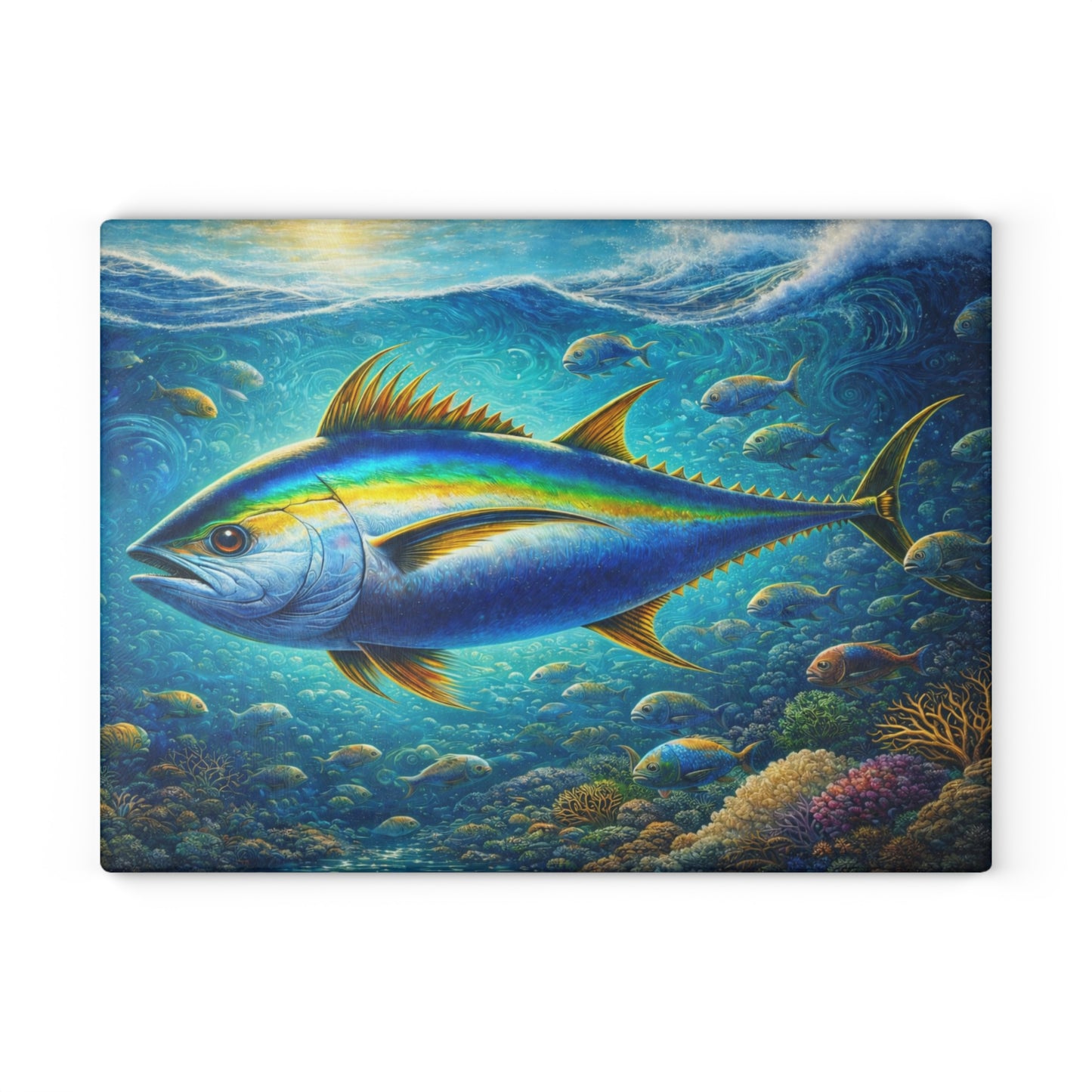 Majestic Ocean Current Fish Glass Cutting Board – Vivid Underwater Reef Artwork