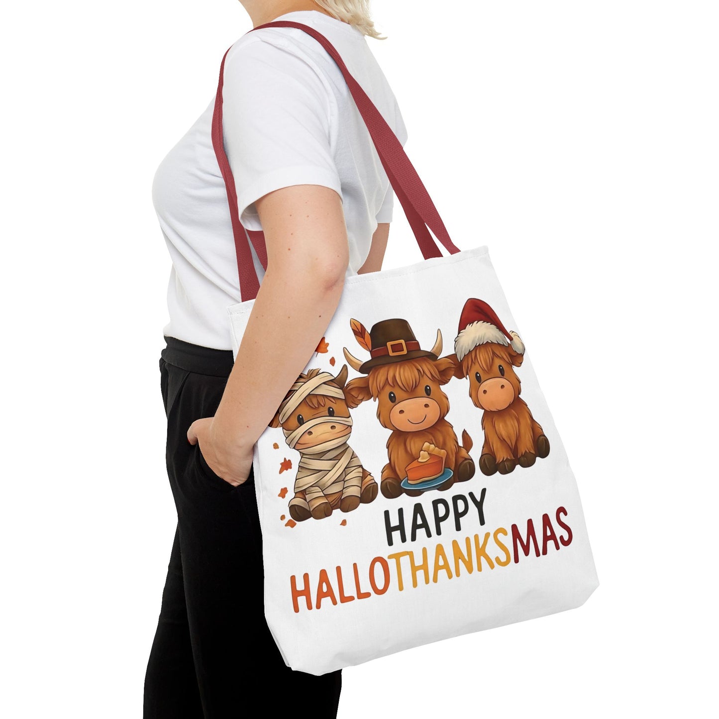 🐮 Happy Hallothanksmas Highland Cow Tote Bag – Holiday Fun All Season 🎃🦃🎄👜
