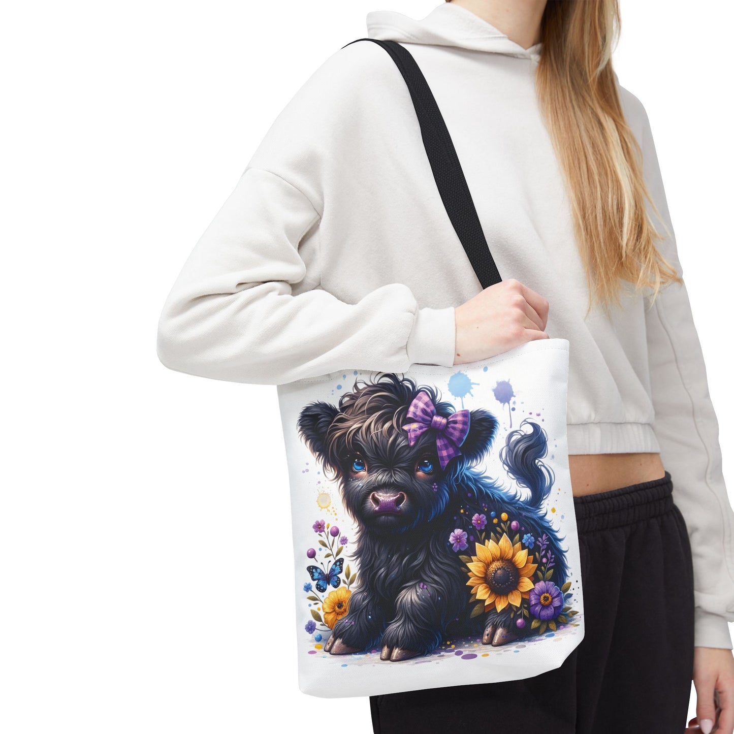 💜 Purple Bow Black Highland Calf Tote Bag – Country Charm with a Pop of Color 🐮👜