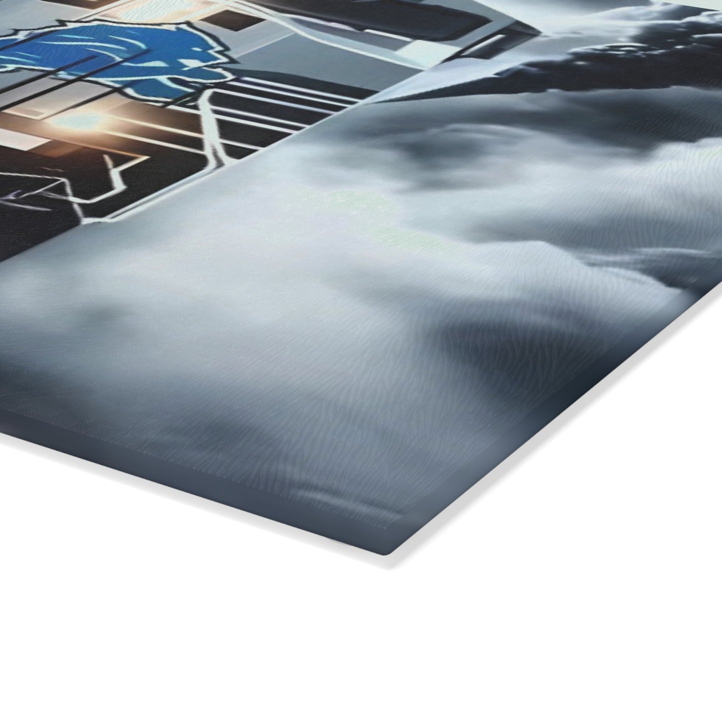 Light Blue & Silver Express Glass Cutting Board – Sleek Train Design for Cool, Modern Kitchens