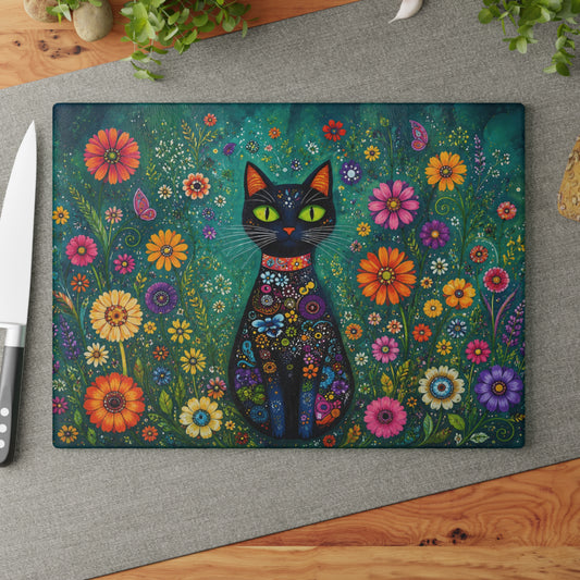 Colorful Black Cat Floral Glass Cutting Board – Whimsical Cat Kitchen Decor, Bright Boho Garden Gift