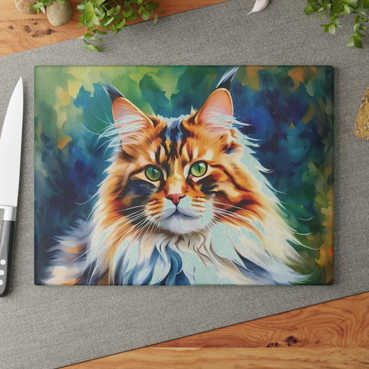 🐾🌿 Green-Eyed Maine Coon Forest Cat Cutting Board – Fierce Feline Charm for Nature-Loving Kitchens 🐱✨