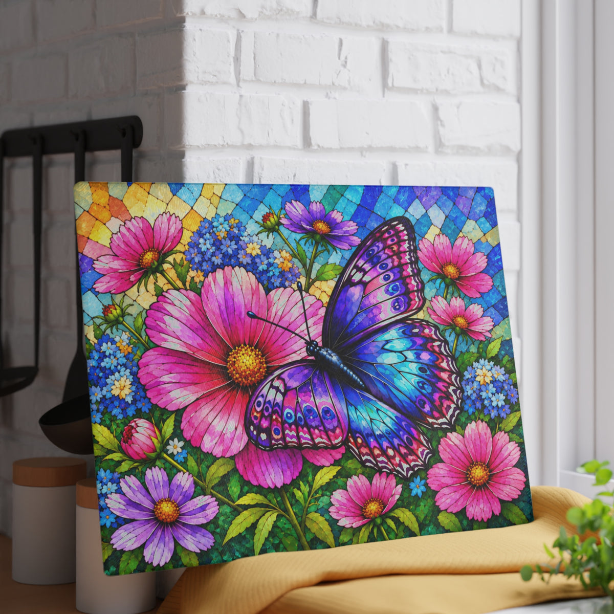 Colorful Butterfly & Wildflowers Stained-Glass-Inspired Glass Cutting Board