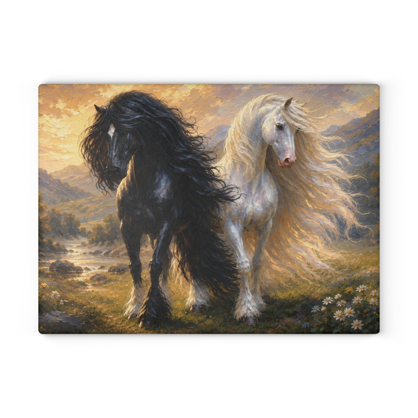 Black & White Horses Glass Cutting Board – Elegant Running Horses Artwork with Scenic Countryside