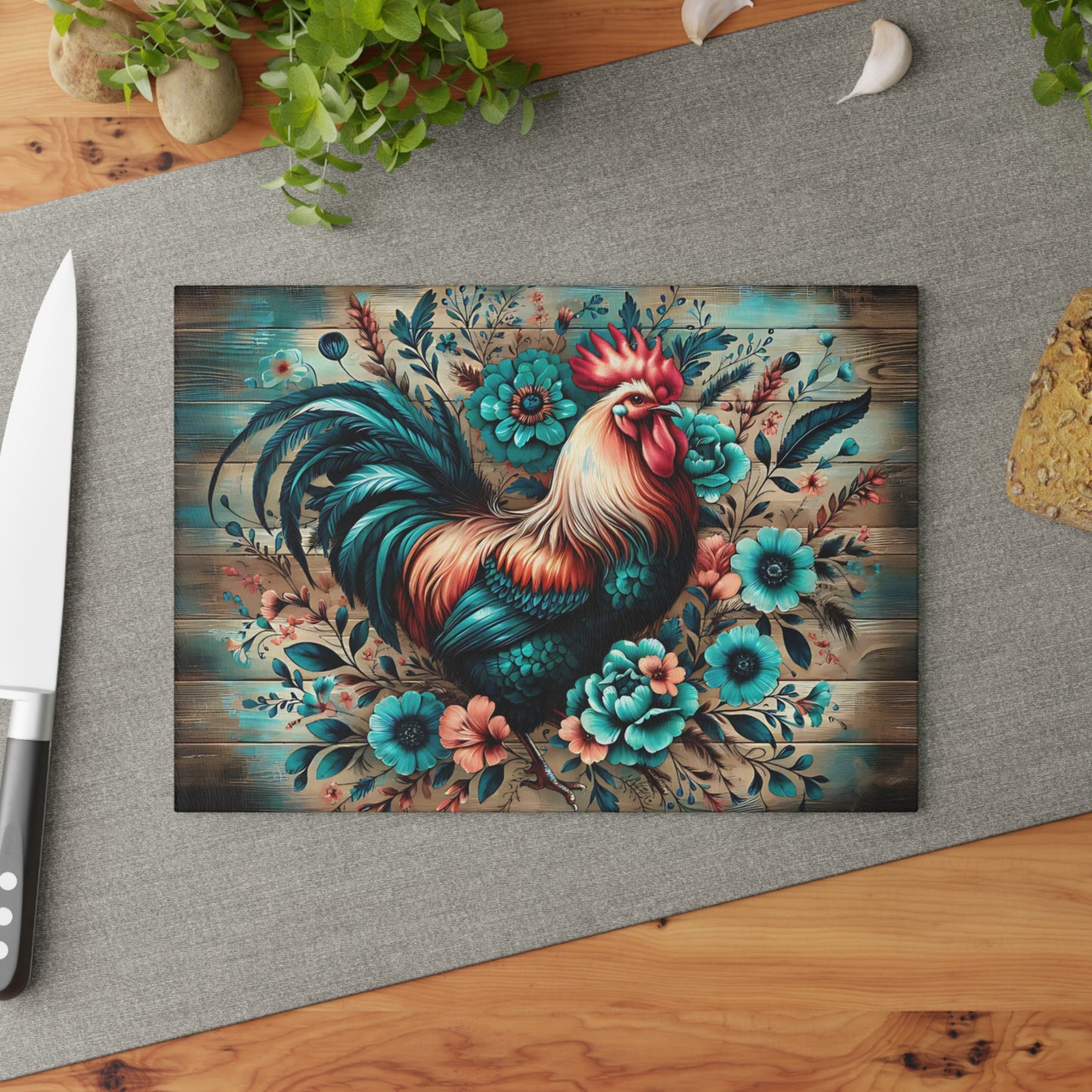 🐓 Rustic Rooster & Teal Floral Cutting Board – Farmhouse Country Kitchen Décor