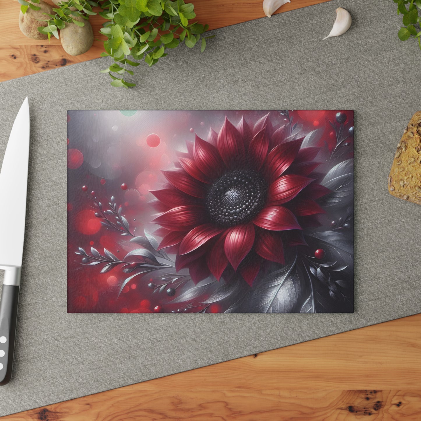 🌻🖤 Red and Black Sunflower Cutting Board – Bold Elegance for Your Kitchen 🌹
