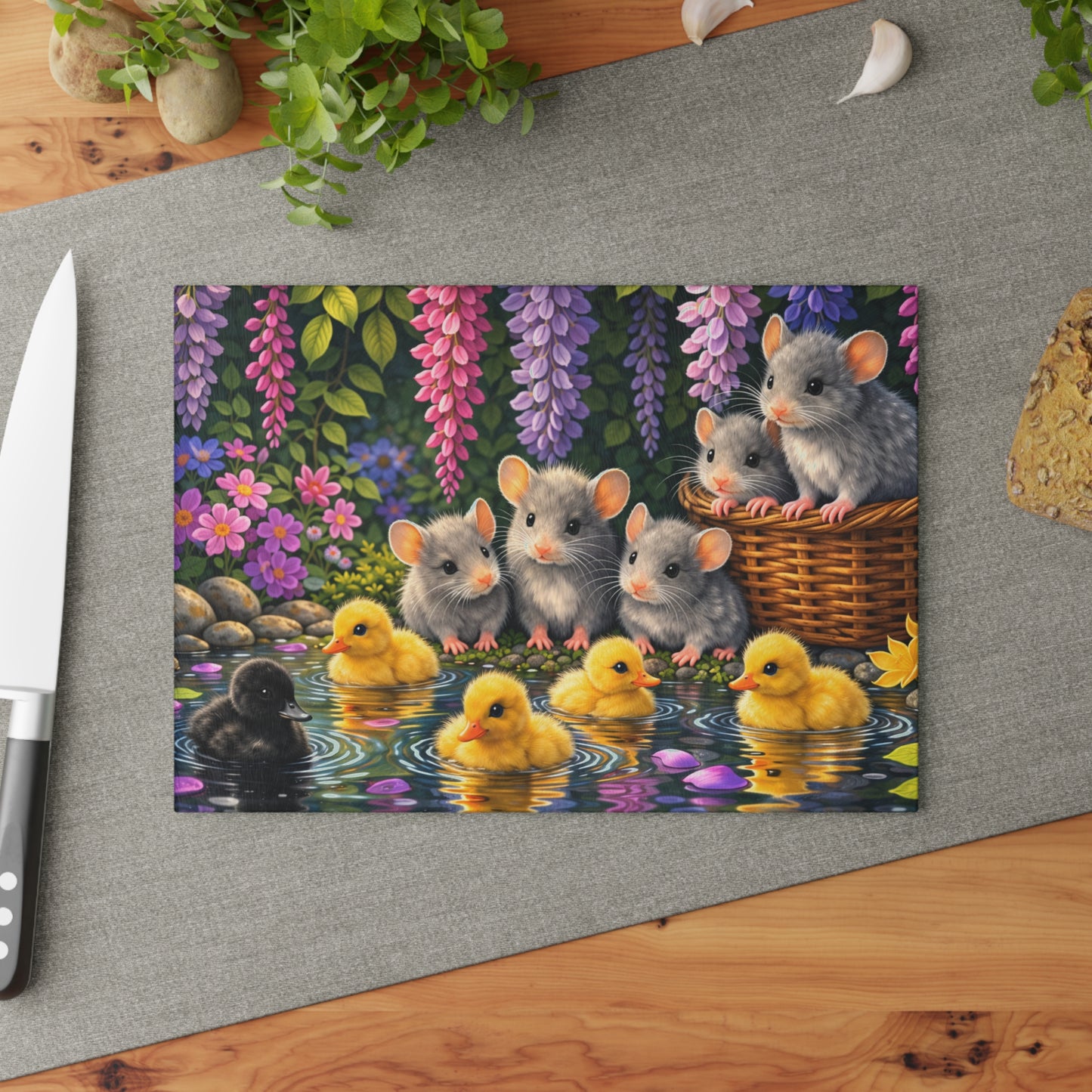 Baby Ducklings and Mice Pond Glass Cutting Board – Whimsical Woodland Garden Artwork