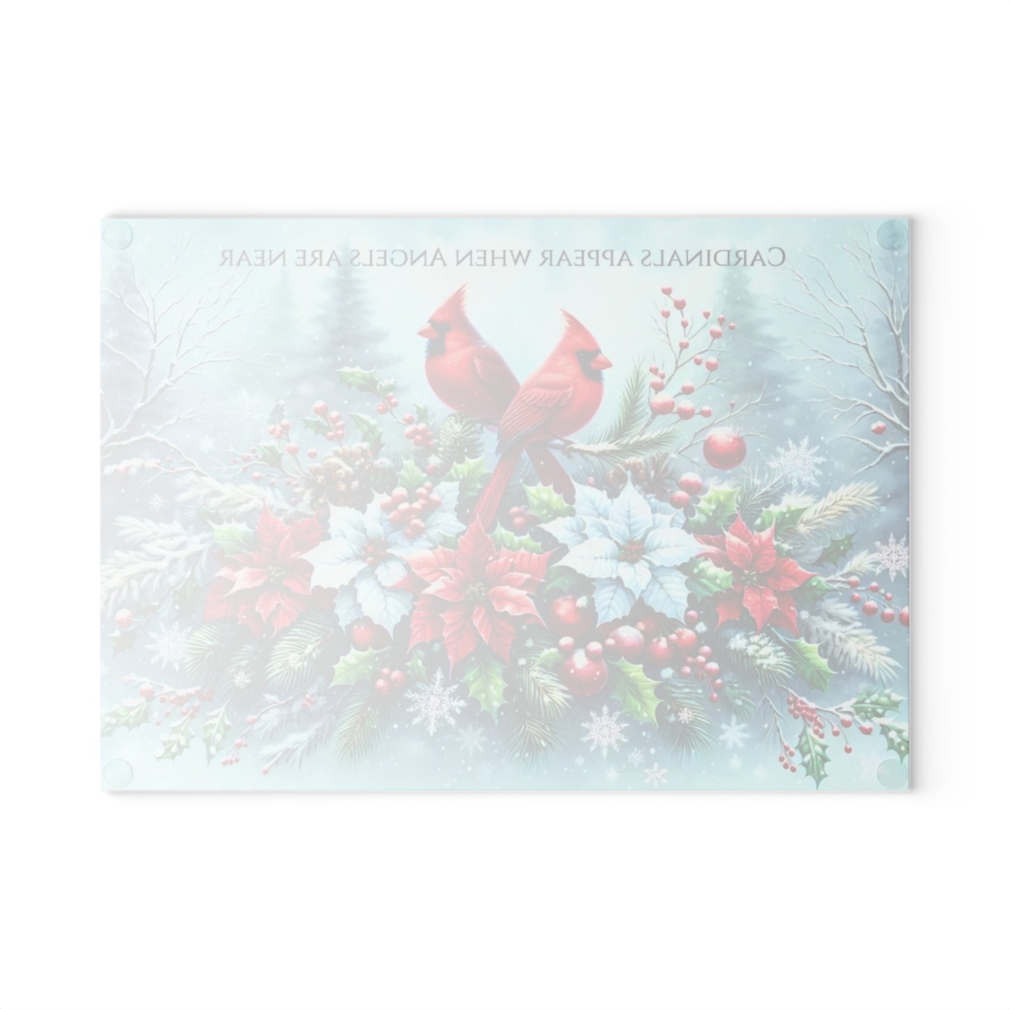 🐦❄️ “Cardinals & Angels” Glass Cutting Board – Cozy Winter Comfort for Your Kitchen