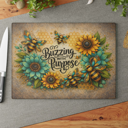 Buzzing with Purpose Glass Cutting Board – Rustic Farmhouse Kitchen Decor