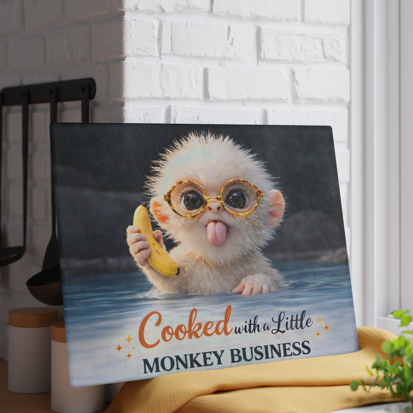 Playful Monkey Glass Cutting Board – “Cooked with a Little Monkey Business” Whimsical Kitchen Decor
