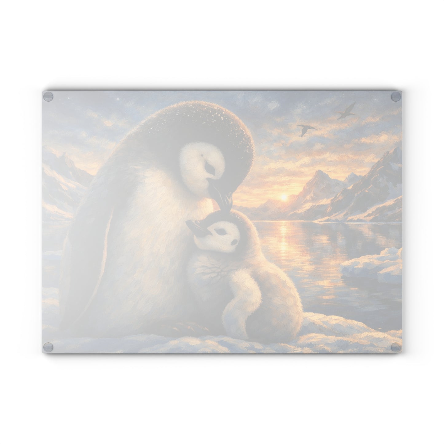 Penguins at Golden Arctic Sunset Glass Cutting Board – Mother and Baby Wildlife Artwork