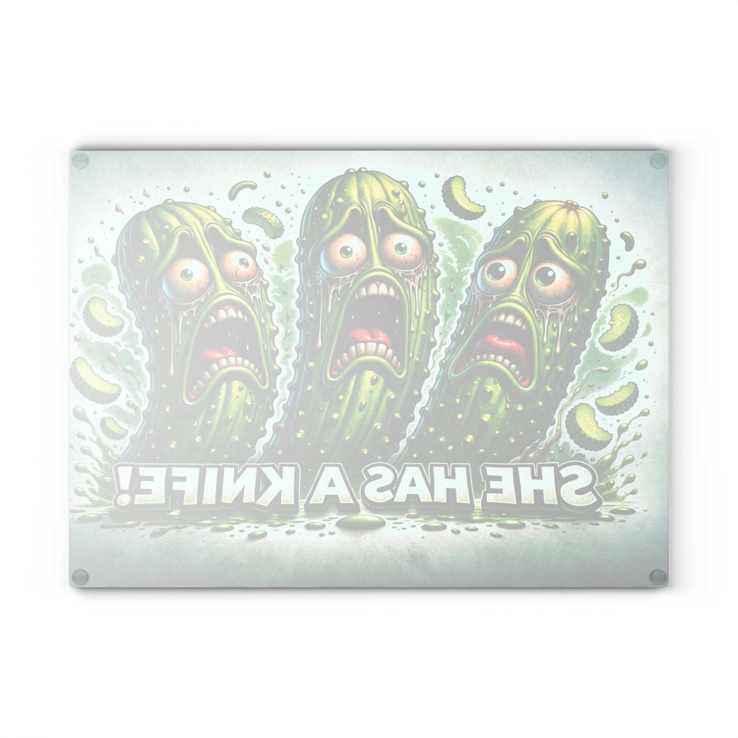 She Has a Knife! Glass Cutting Board – Pickle Panic Funny Kitchen Decor