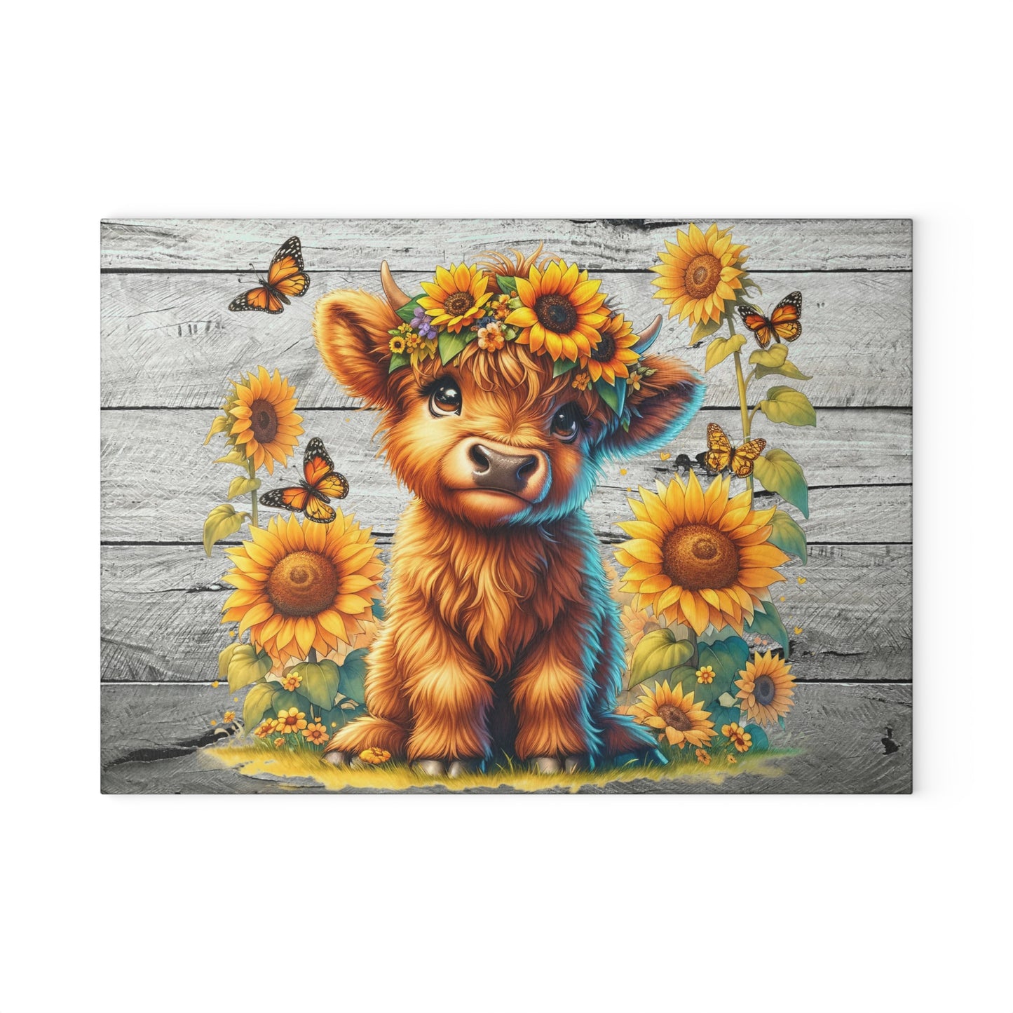 Highland Cow with Sunflowers & Butterflies – Rustic Floral Glass Cutting Board
