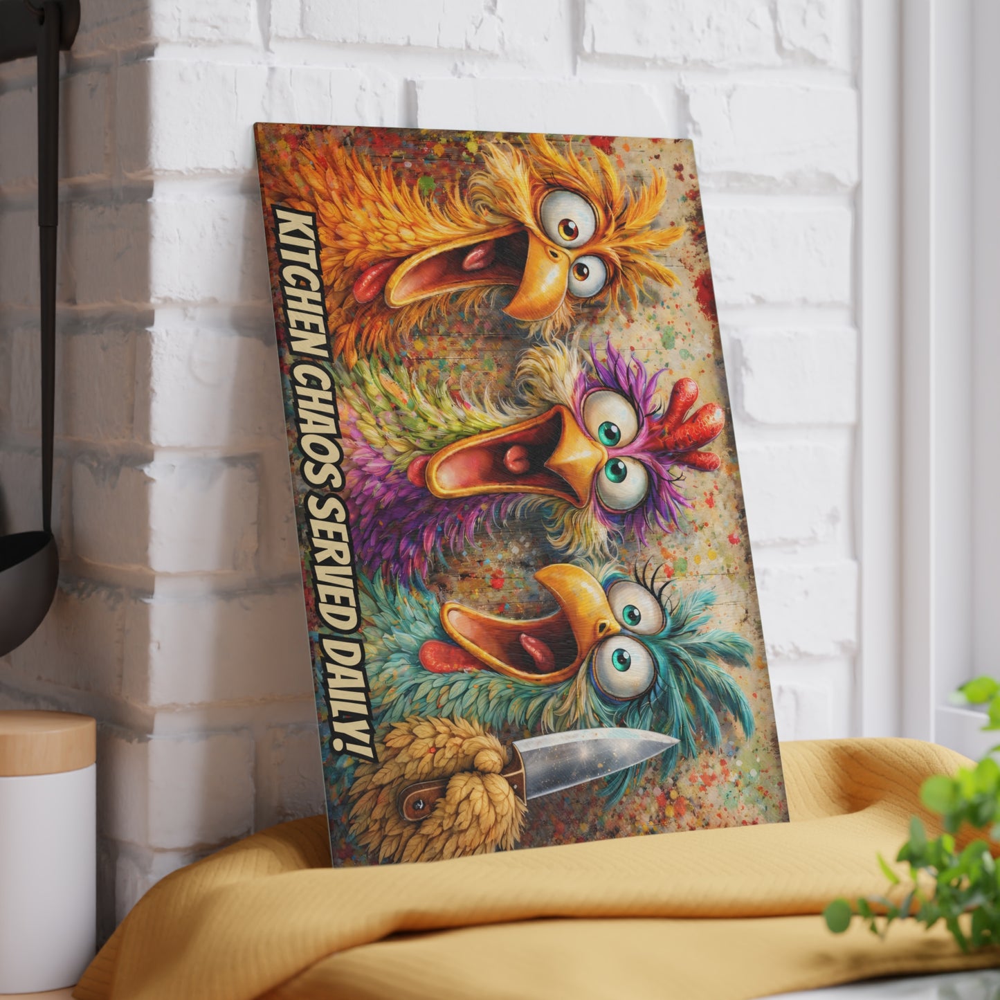 Kitchen Chaos Served Daily Glass Cutting Board – Colorful Chicken Kitchen Humor