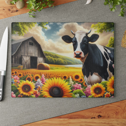 🐄🌻 Black & White Cow in Sunflower Field Glass Cutting Board – Peaceful Barn, Lake & Nature Scene 🌳