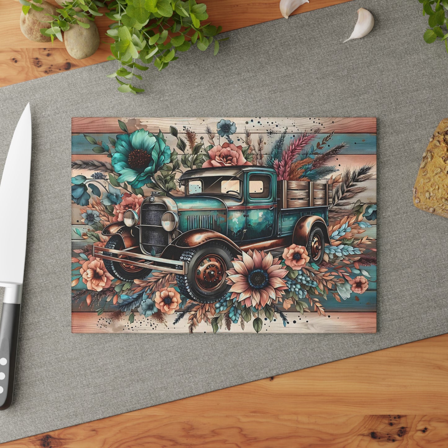 🚜🌸 Vintage Teal Farm Truck Cutting Board – Rustic Charm with Floral Elegance 🌻🌿
