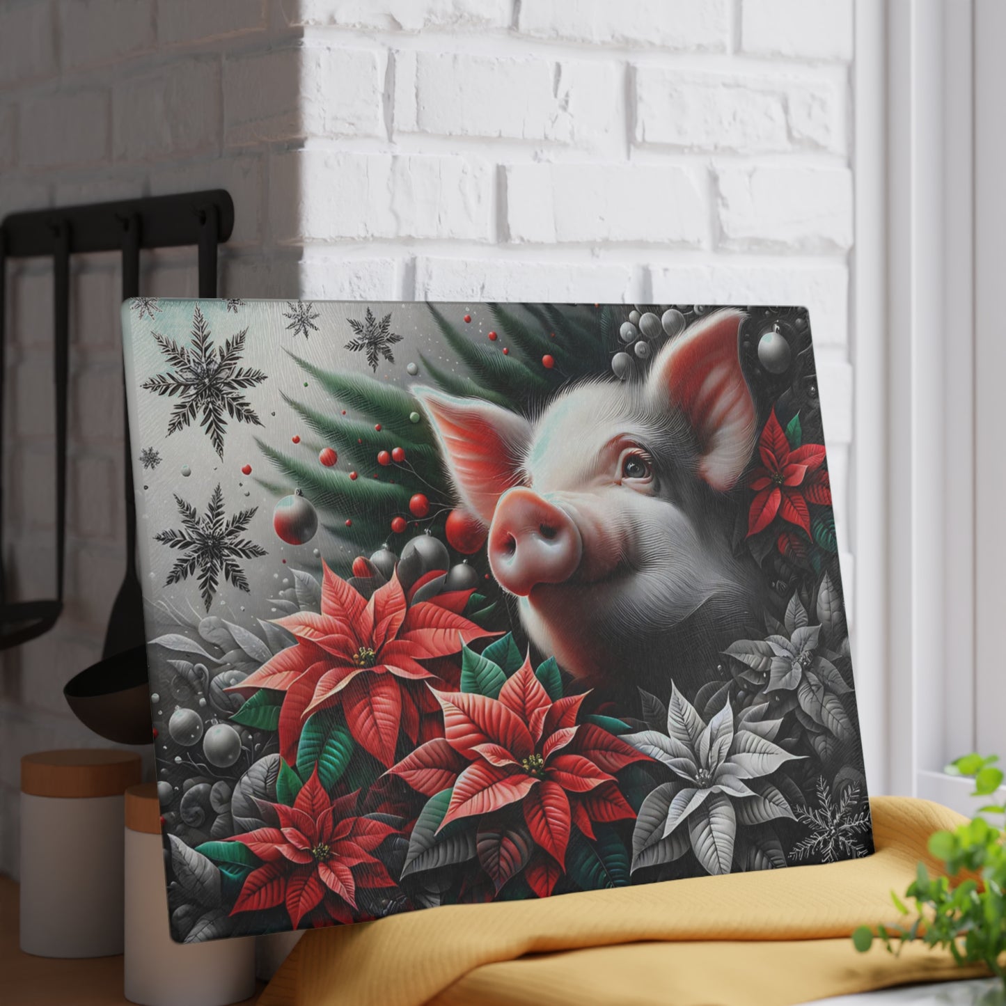 🐷✨ “Holiday Poinsettia Pig” Glass Cutting Board – Festive Farmhouse Cheer for Your Kitchen