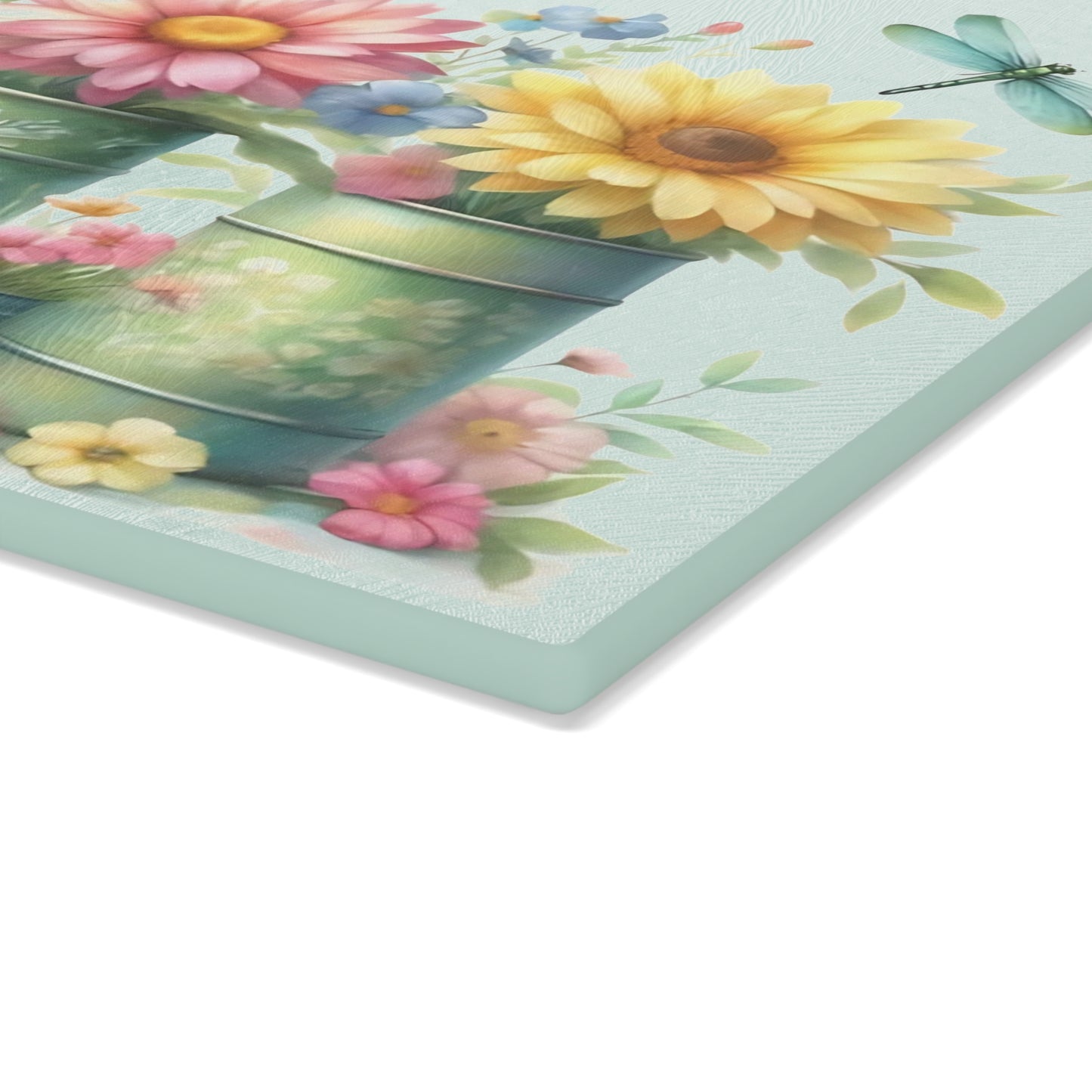 🌾 Dos libélulas con jarrones rústicos y flores silvestres – Tabla de cortar de vidrio con encanto campestre